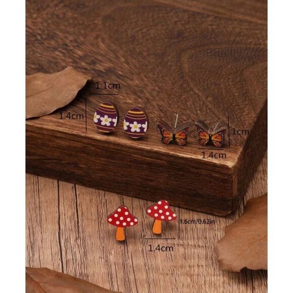 Cottage Indie Goblin Easter Egg Butterfly Mushroom Wooden Stud Earrings - Picture 3 of 4